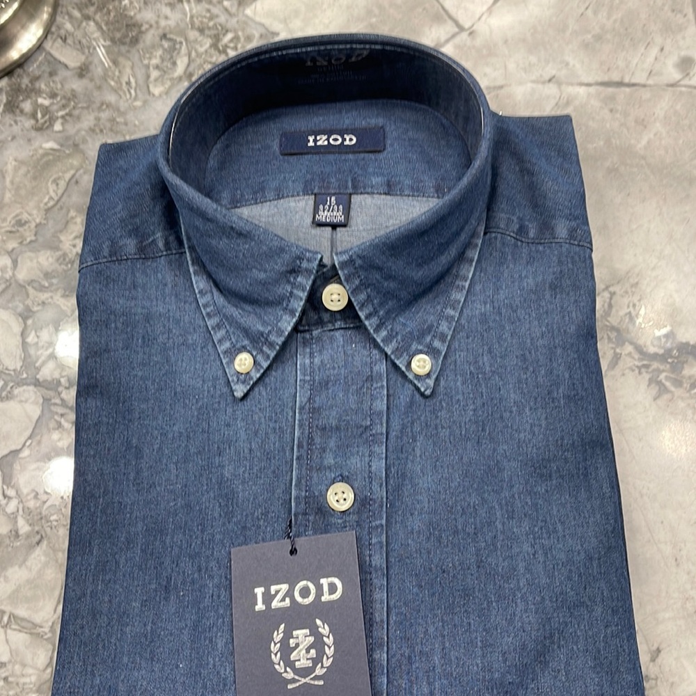Men’s IZOD button down shirt, denim blue, New with tag. 100% cotton